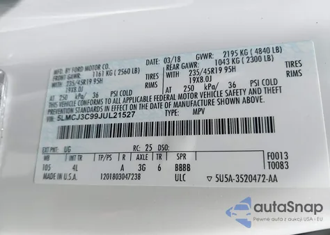 2018 Lincoln Mkc Reserve z USA, uszkodzony, nr VIN 5LMCJ3C99JUL21527